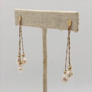 14k yellow gold three strand dangle earrings with gold balls and cultured pearls